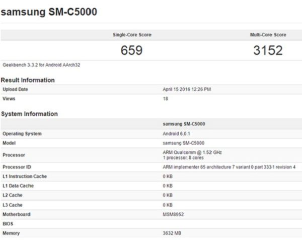 Смартфон Самсунг (SM-C5000) C-серии замечен в Geekbench