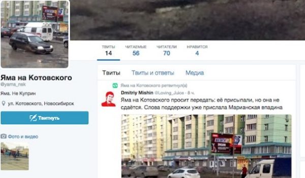 В Новосибирске завели аккаунт в Твиттере от имени ямы на улице Котовского