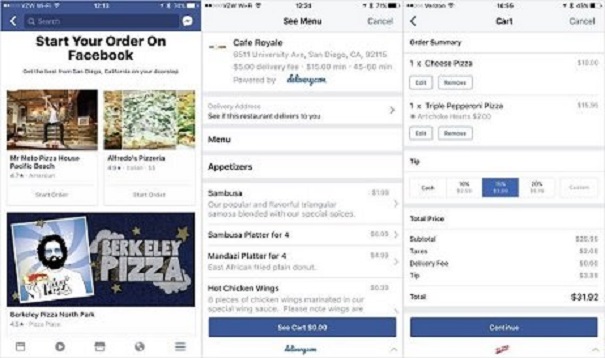 В социальная сеть Facebook возникла функция заказа еды из ближайшего ресторана