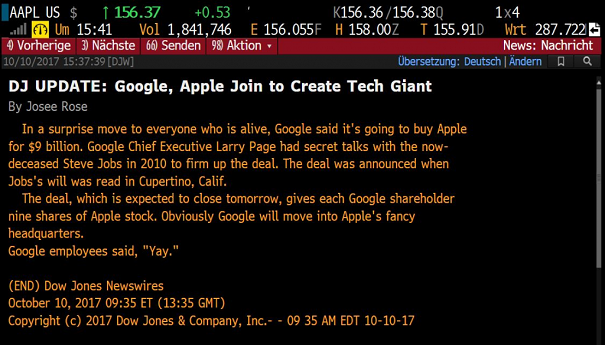 Dow Jones выпустили фейковую новость о объединении Apple и Google