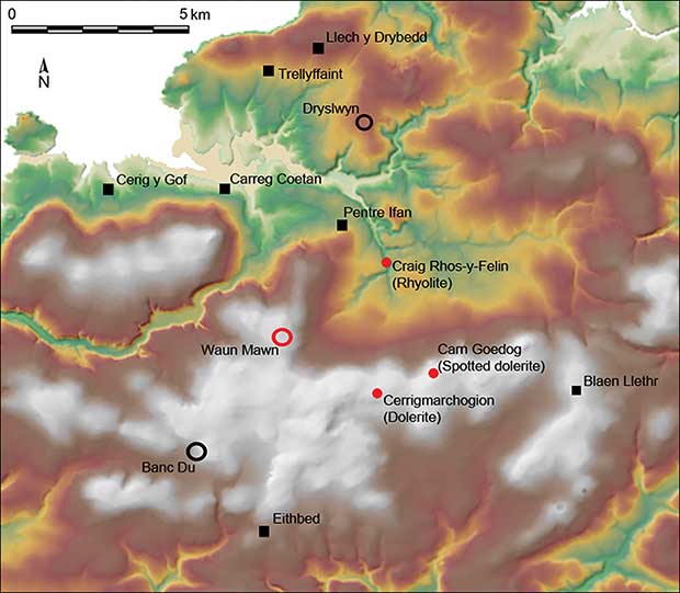 Местоположение кромлеха Ваун Маун (красное кольцо), а также источников голубых камней Карн Гедог, Крейг Рос-и-Фелин и Черригмарчогион. Показано также расположение других памятников эпохи неолита на Преселийской возвышенности. Предоставлено: Паркер Пирсон и др. / Античность, 2021 г.