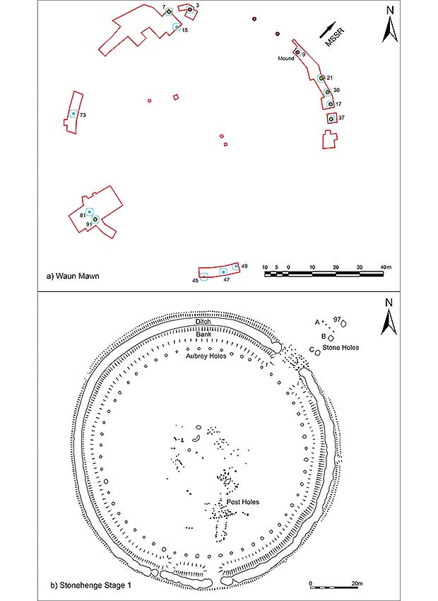 а) Ваун Маун: раскопки (красные), показывающие расположение четырех уцелевших камней (красный и черный) и выкопанные ямы монолита (зеленый и черный); б) Первый этап строительства Стоунхенджа (начало III тыс. до н.э.). Предоставлено: Паркер Пирсон и др. / Античность, 2021 г.