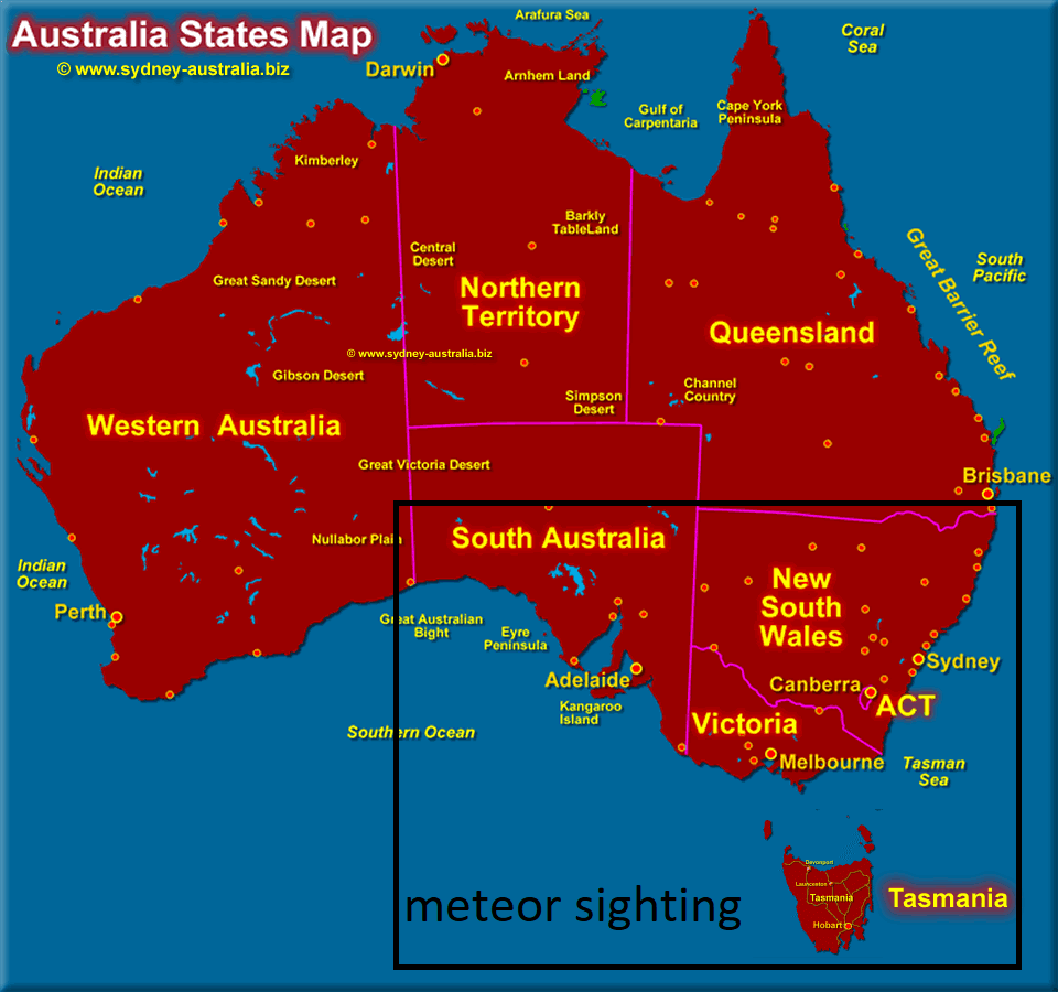 Сообщалось, что очень яркий зеленый огненный шар метеора распался в Южной Австралии, Новом Южном Уэльсе, Виктории и даже на Тасмании 14 февраля 2021 года.