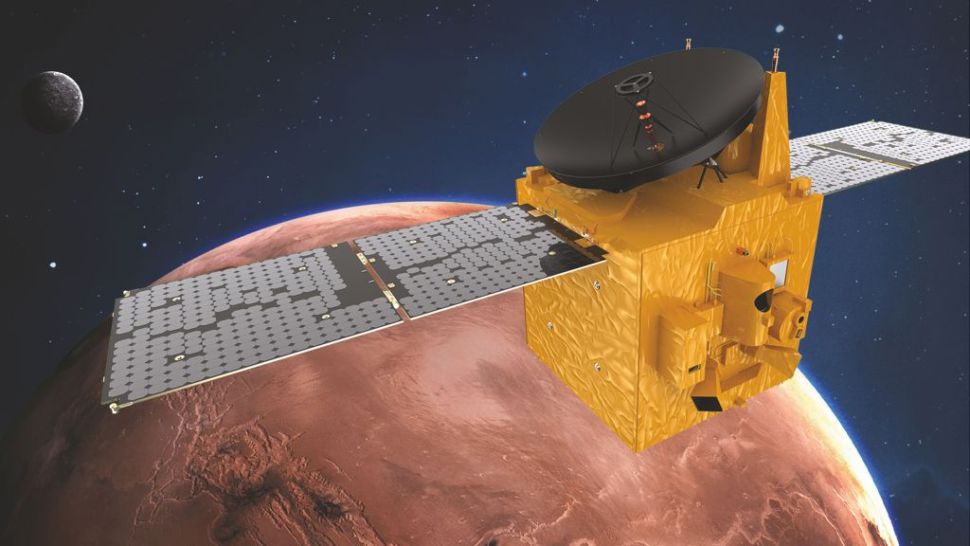 Художественный взгляд на орбитальный аппарат Hope Mars Orbiter из ОАЭ, который должен достичь орбиты в течение нескольких часов. Кредит: MBRSC