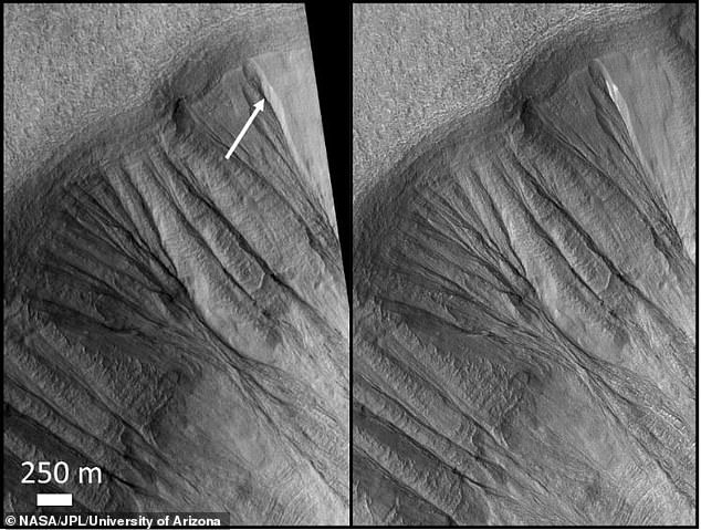 Эти изображения были сделаны с интервалом более десяти лет и показывают изменение ландшафта, когда на Марсе обнажился пыльный водяной лед, который, вероятно, тает. Предоставлено: НАСА / Лаборатория реактивного движения / Университет Аризоны.