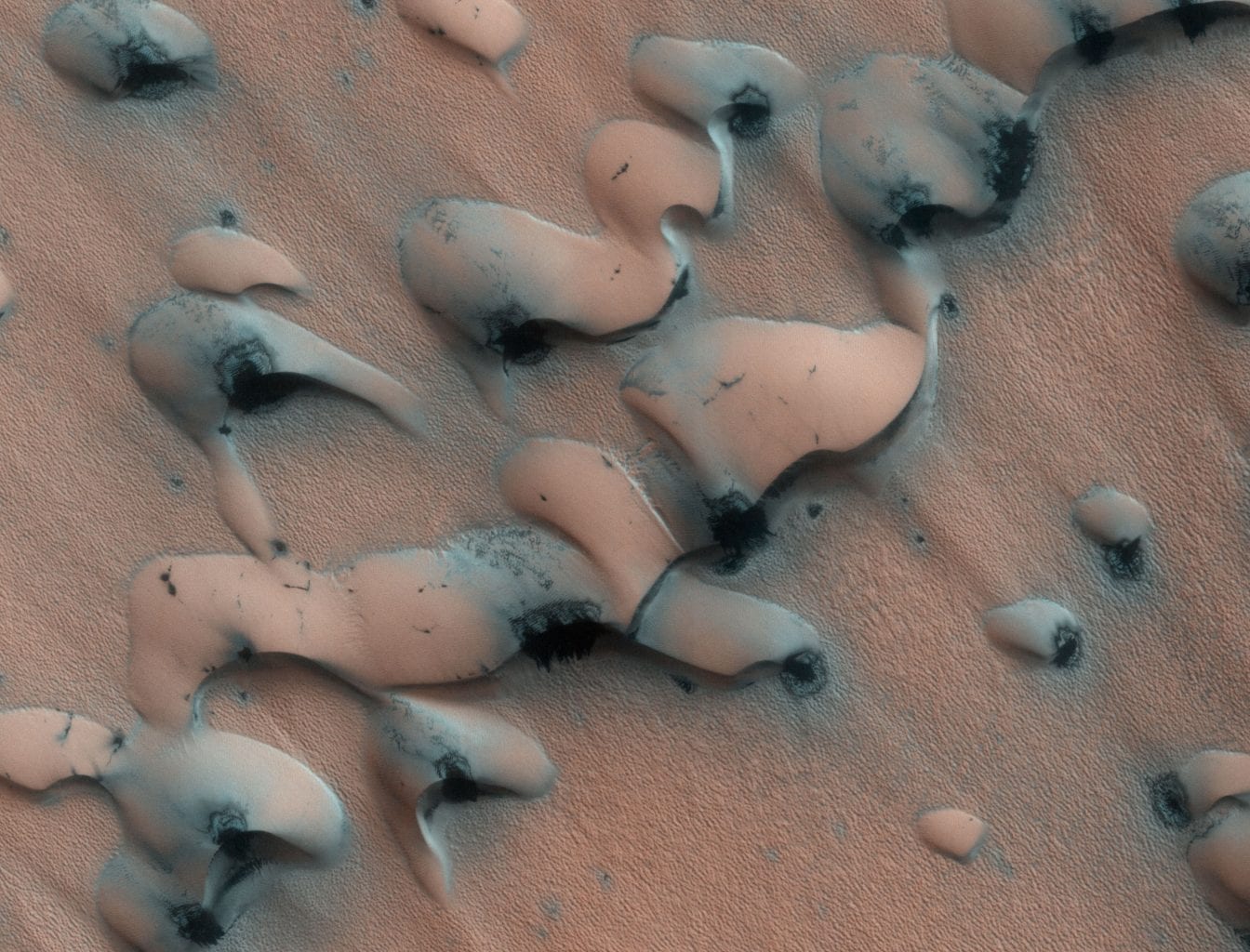 Вот изображение барханских дюн с северного полюса Марса, которые обычно создаются ветрами, идущими с одного направления. Предоставлено: NASA / JPL-Caltech / Univ. Аризоны