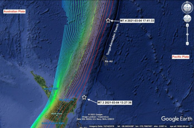 Два сильных землетрясения обрушились на Новую Зеландию 4 марта 2021 года в той же зоне субдукции.