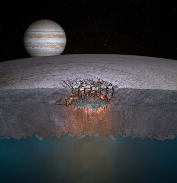 Впечатление Астиста о озере во льдах Европы - один из путей, по которым вода достигает поверхности Луны. Предоставлено: НАСА / Лаборатория реактивного движения.