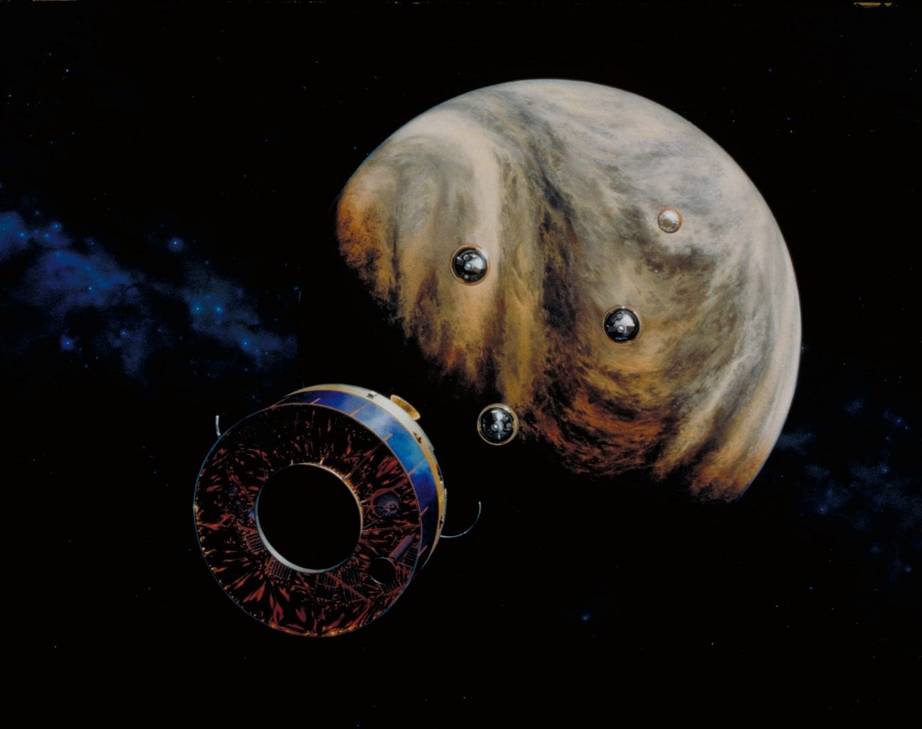 Впечатление художника от космического корабля NASA Pioneer Venus Multiprobe, приближающегося к планете почти 43 года назад. Предоставлено: НАСА.