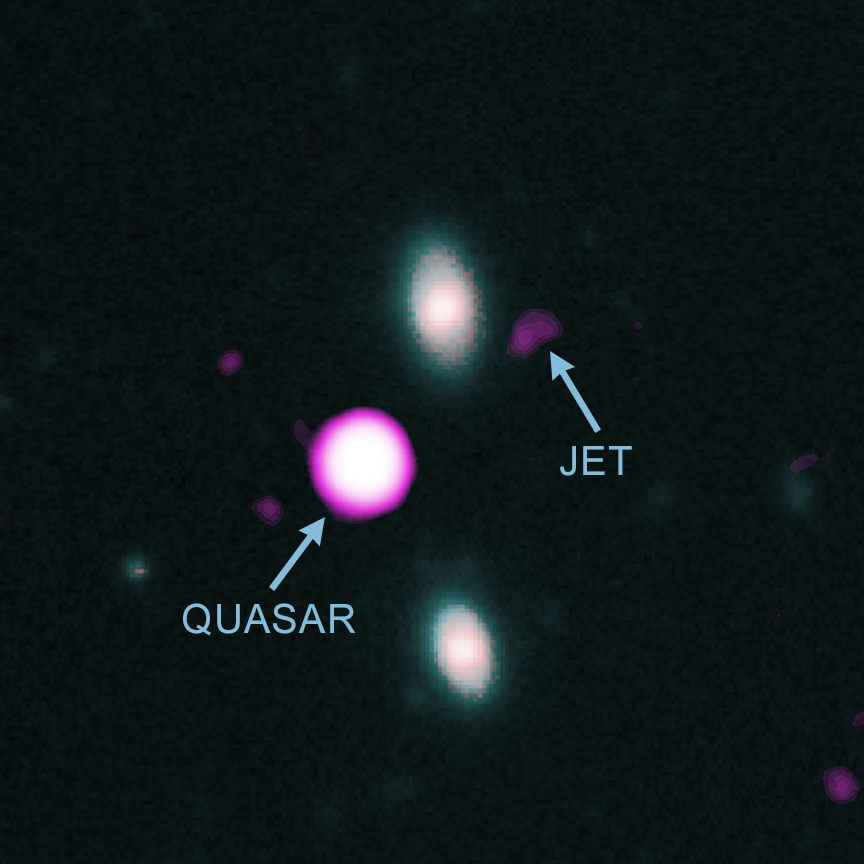 Составное изображение квазара PJ352-15, включая данные наблюдений в рентгеновском, оптическом и инфракрасном диапазонах волн. Авторы и права: НАСА, Близнецы, обсерватория Кека.