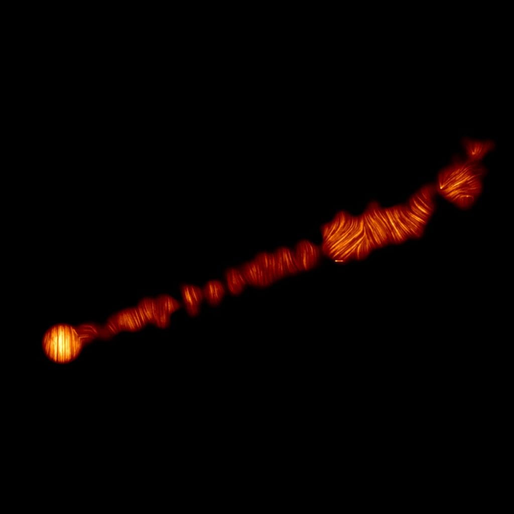 Изображение джета M87 в поляризованном свете ALMA Авторы: Обсерватория ALMA (ESO AstronomyNAOJ / NRAO), Goddi et al.