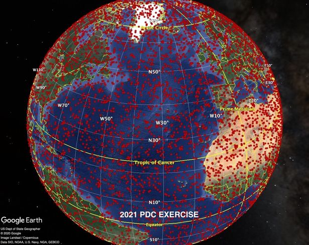 Красные маркеры, указывающие потенциальные точки поражения астероида 2021 PDC