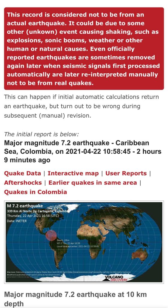 Землетрясение магнитудой 7.2 сообщается у побережья Колумбии 22 апреля 2021 года