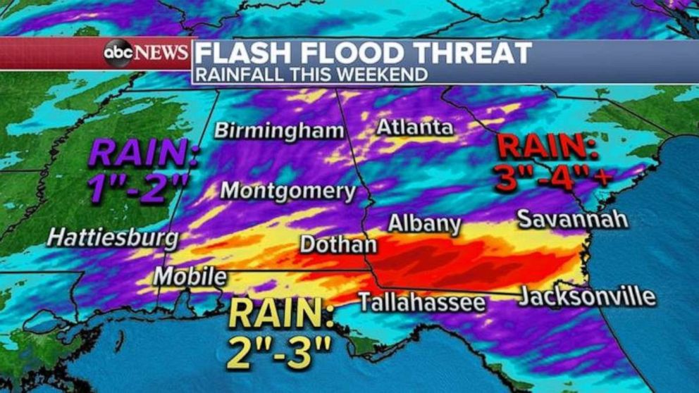 ФОТО: Локально, во время субботних штормов на юге Миссисипи и южной Джорджии возможен дождь более 4 дюймов.