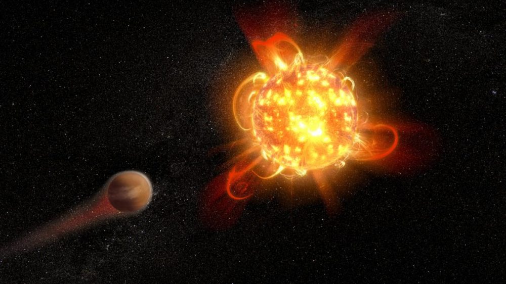 Художественное изображение разрушения атмосферы экзопланеты вспышками красного карлика. Предоставлено: НАСА, ЕКА и Д. Плейер (STScI).