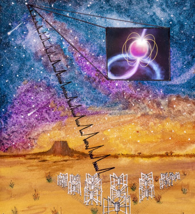 Художник изображает одну из 256 плиток радиотелескопа Murchison Widefield Array, наблюдающую пульсар - плотную и быстро вращающуюся нейтронную звезду, посылающую радиоволны в космос. Предоставлено: Дилприт Каур / ICRAR / Университет Кертина.