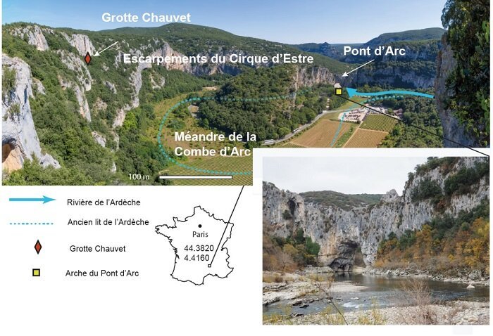 Cirque d'Estre формирует естественную среду пещеры Шове и моста Пон-д'Арк. Верхняя фотография показывает Combe d'Arc, старый меандр, позже отрезанный от реки Ардеш. Предоставлено: Жан-Жак Деланнуа и Стефан Жайе.