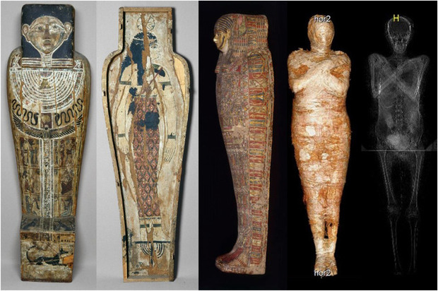 Изображения гроба, мумии и рентгеновского снимка. Предоставлено: W. Ejsmond et al. / Журнал археологической науки, 2021 г.