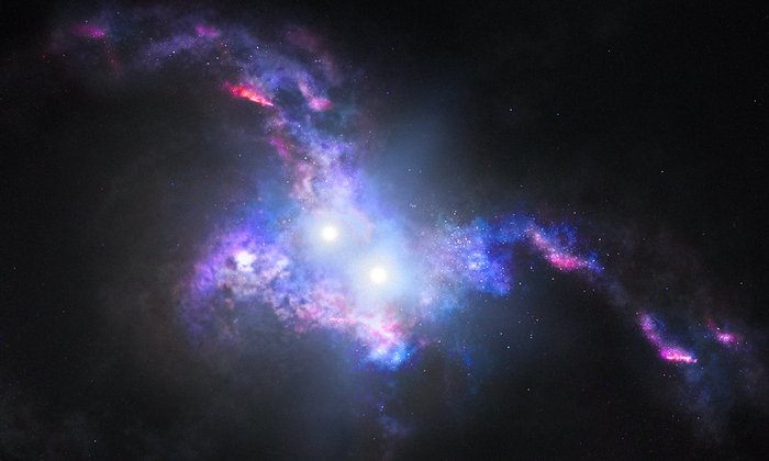 Концепция этого художника показывает яркий свет двух квазаров, находящихся в ядрах двух галактик, находящихся в хаотическом процессе слияния. Гравитационное перетягивание каната между двумя галактиками растягивает их, образуя длинные приливные хвосты и вызывая огненную бурю рождения звезд. 