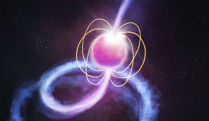 Художественный образ Пульсара - плотной и быстро вращающейся нейтронной звезды, посылающей радиоволны в космос. Предоставлено: ICRAR / Curtin University.