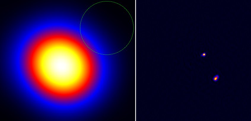 Квазар 3C196 крупным планом. Оба изображения показывают один и тот же участок неба вокруг квазара. Слева изображение, полученное голландскими телескопами LOFAR; изображение справа было получено объединенными многонациональными телескопами LOFAR, которые вместе обеспечивают разрешение всего 0,2 угловой секунды, что близко к 1/10000 диаметра Луны. Два ярких пятна показывают места, где две струи из массивной черной дыры в центре галактики сталкиваются с другим материалом в галактике.