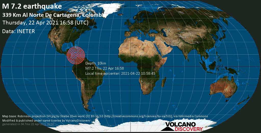 Землетрясение магнитудой 7.2 сообщается у побережья Колумбии 22 апреля 2021 года