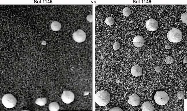 Вы можете увидеть изображения одного и того же пятна на поверхности Марса с интервалом в три дня и увидеть, как за этот период появилось больше сфер. Ученые утверждают, что это свидетельство роста грибка на Марсе. Предоставлено: Рон Габриэль Джозеф.
