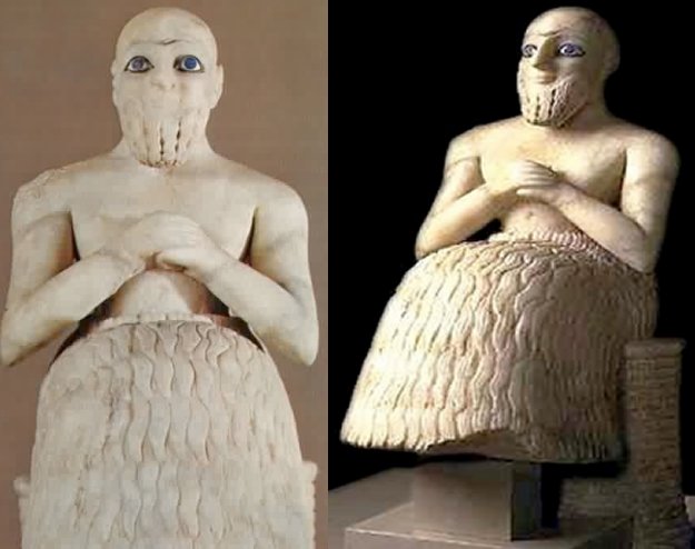 Древние шумерские статуи с голубыми глазами. 