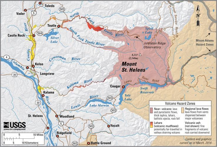 Карта опасностей горы Сент-Хеленс, карта угроз горы Сент-Хеленс, извержение горы Сент-Хеленс, гора Сент-Хеленс, годовщина извержения горы Сент-Хеленс