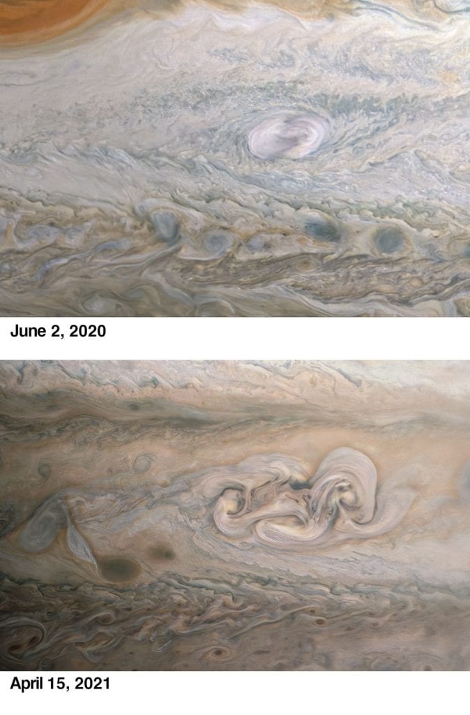 Одно из оригинальных изображений Юноны, сделанных 2 июня прошлого года, и сравнительное изображение, сделанное в апреле этого года, демонстрируют полное изменение Пятна Клайда. Предоставлено: NASA / JPL-Caltech / SwRI / MSSS / Кевин М. Гилл.