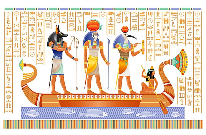 Египетский папирус с богами в лодке. Анубис, Ра, Тот, древнеегипетские божества