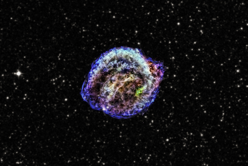 Остаток сверхновой звезды Кеплера, которую знаменитый астроном обнаружил в 1604 году. Это составное изображение, полученное на основе оптических и рентгеновских данных. Авторы и права: Рентгеновский снимок: NASA / CXC / NCSU / M.Burkey et al; Оптический: DSS