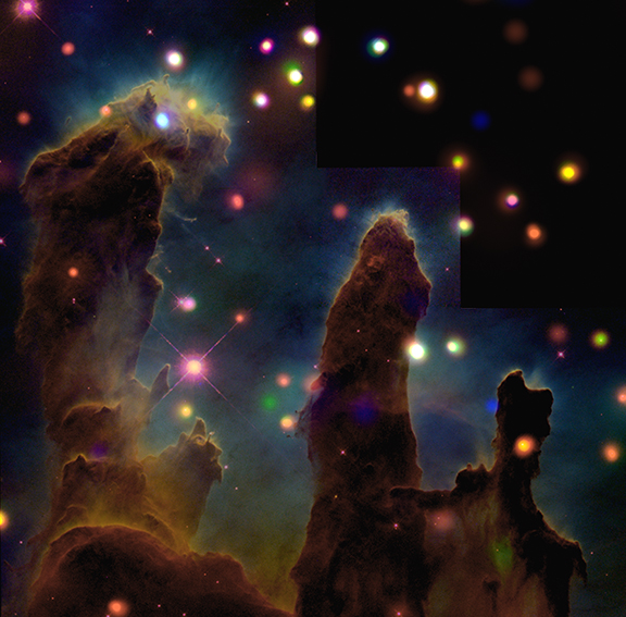 Образ знаменитого "Столпы творения" сделано с помощью Чандры. Авторы и права: Рентгеновский снимок: NASA / CXC / U.Colorado / Linsky et al .; Оптика: НАСА / ЕКА / STScI / ASU / Дж. Хестер и П. Скоуэн.