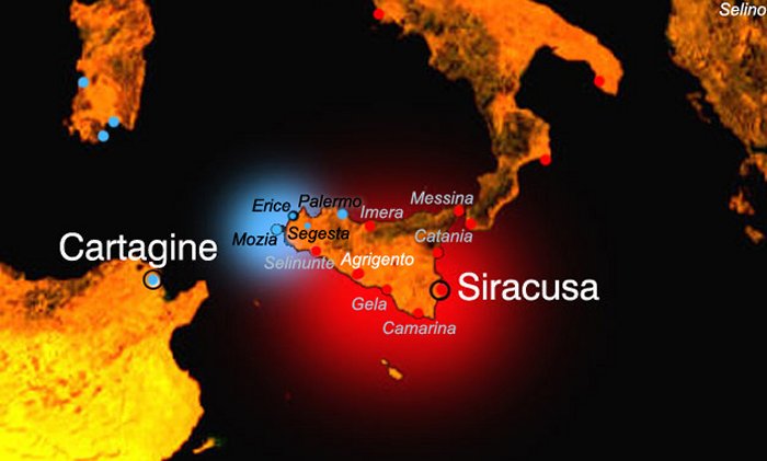 Расположение основных финикийских (синий цвет) и греческих (красный цвет) городов.