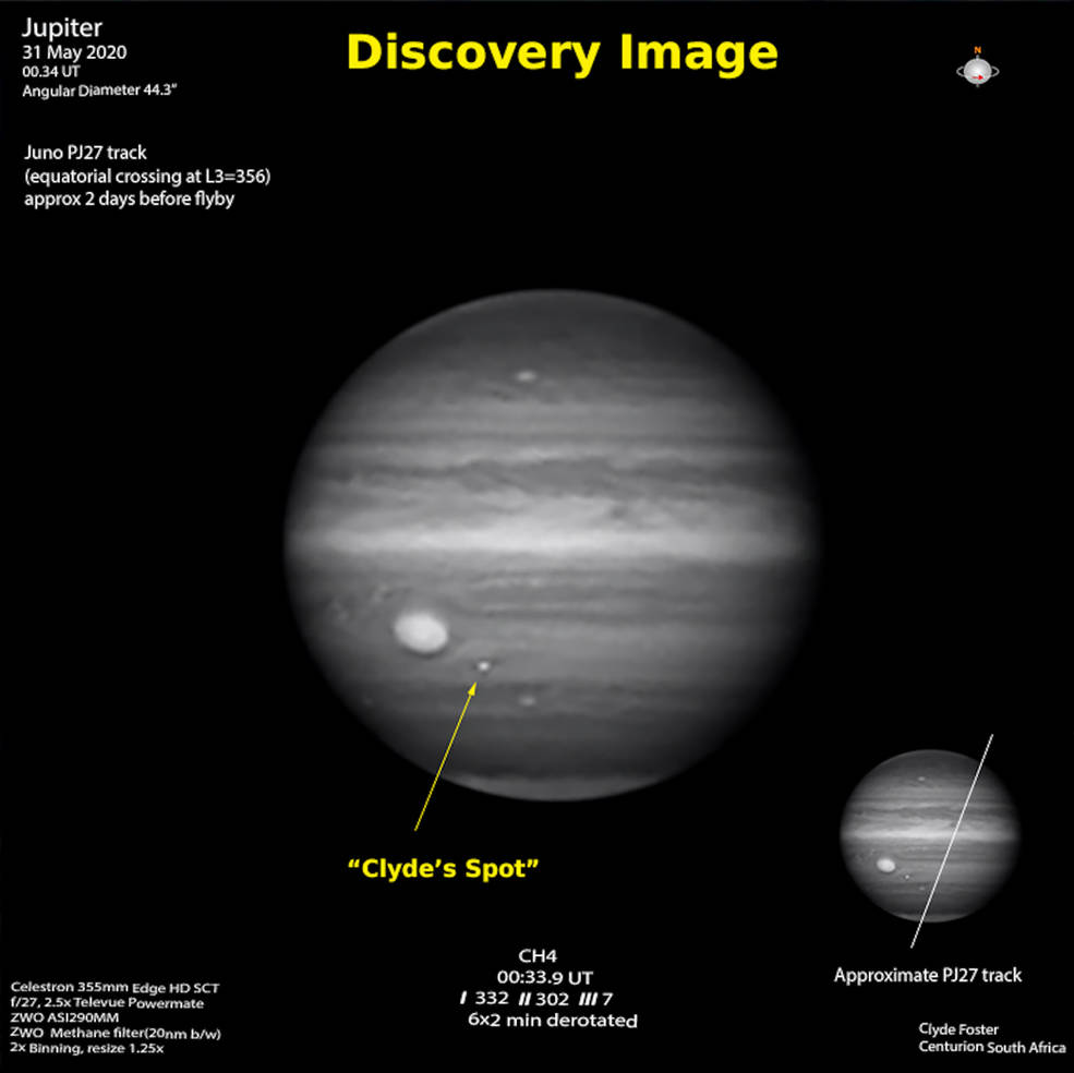 Фотография открытия, сделанная Клайдом Фостером в прошлом году. Траектория полета Юноны показана на меньшем изображении справа. Предоставлено: Клайд Фостер / ASSA.