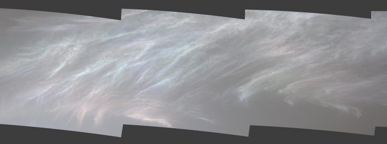 Красивые радужные облака, получившие известное название "Перламутр". Они были замечены 5 марта 2021 года, хотя это лишь обрезанная часть всей широкой панорамы. Предоставлено: НАСА / Лаборатория реактивного движения-Калтех / MSSS.