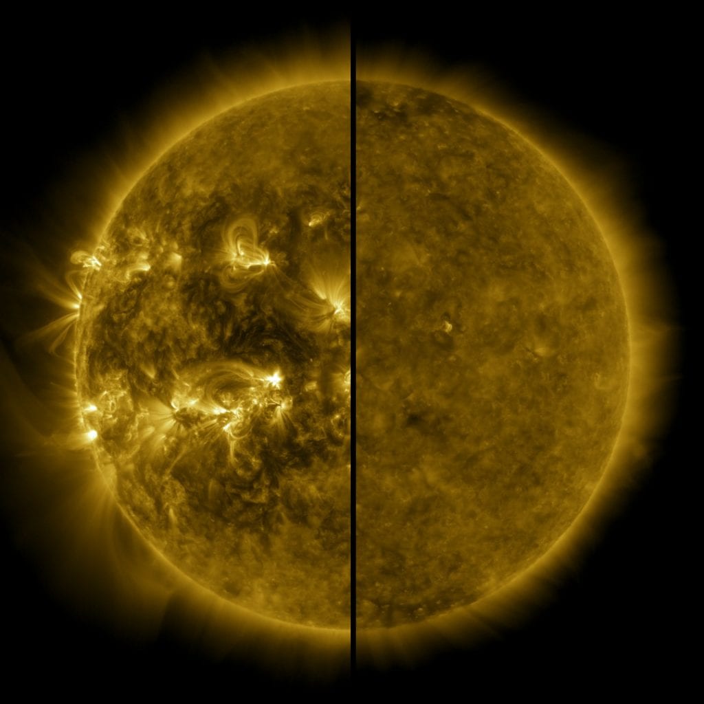 Солнце находится на максимуме в апреле 2014 года (слева) и минимальном значении в декабре 2019 года. Фото: NASA / SDO
