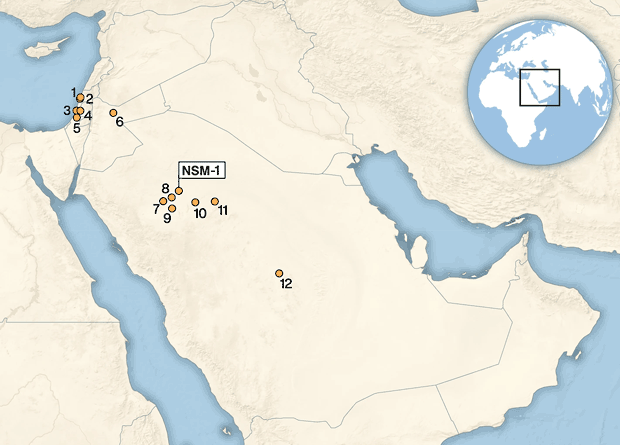 Карта Аравии с ключевыми достопримечательностями Леванта и Аравии, в том числе Ан-Насим (NSM-1). Предоставлено: Scerri et al. / Научный отчет о природе, 2021 г.