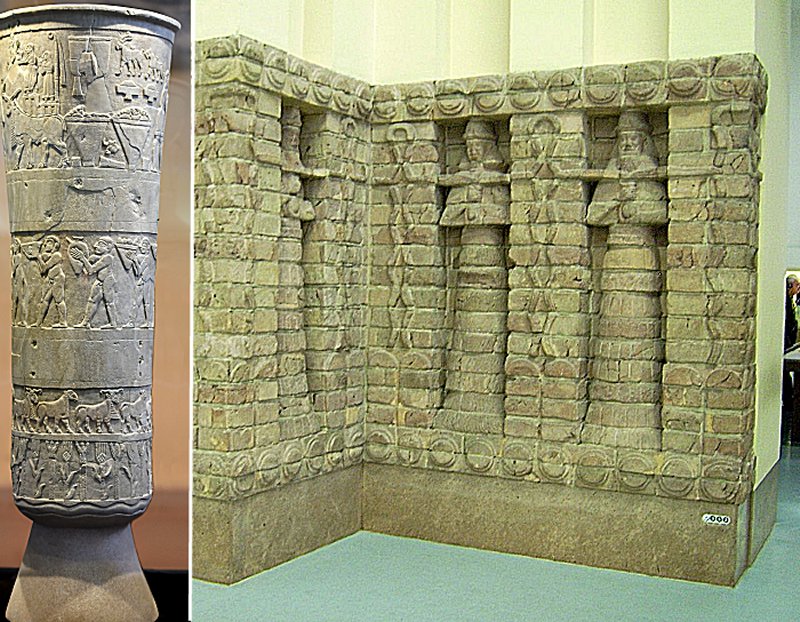  Слева: Сцена поклонения Инанне, Варка Ваза, ок. 3200–3000 гг. До н.э., Урук. Это одно из самых ранних сохранившихся произведений нарративной рельефной скульптуры. Справа: часть фасада храма Инанны в Кара Индаш из Урука.