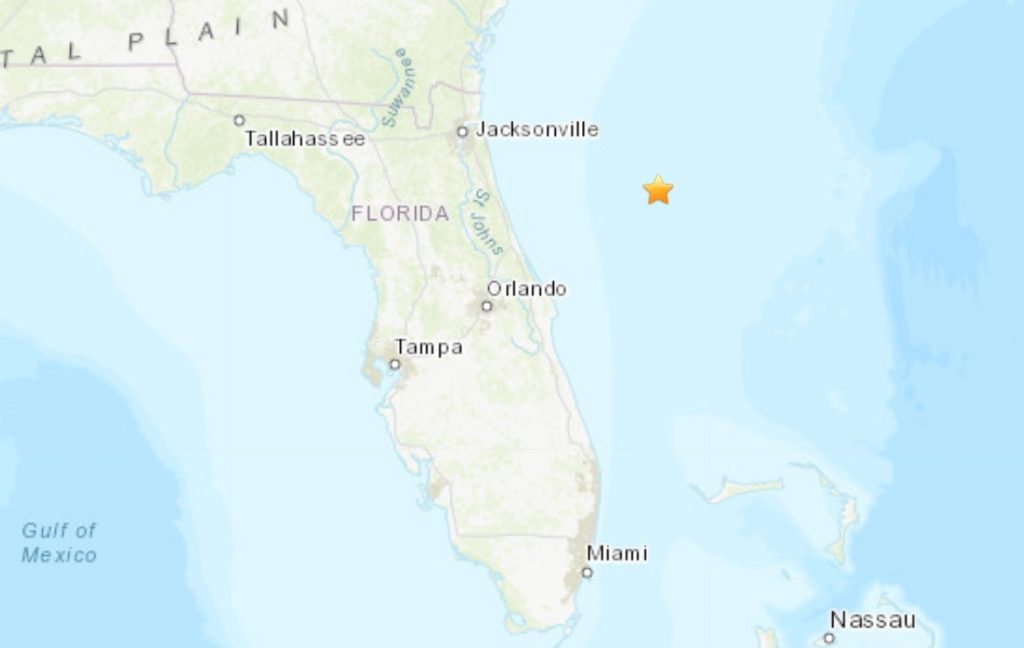 Землетрясение магнитудой 3.9 баллов произошло у Флориды во время взрывных испытаний в Атлантическом океане 18 июня.
