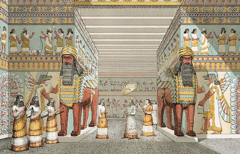 Художник запечатлел зал ассирийского дворца из книги «Памятники Ниневии» сэра Остина Генри Лейарда, 1853 г. Сэр Остин Генри Лейард, 1853 г. 