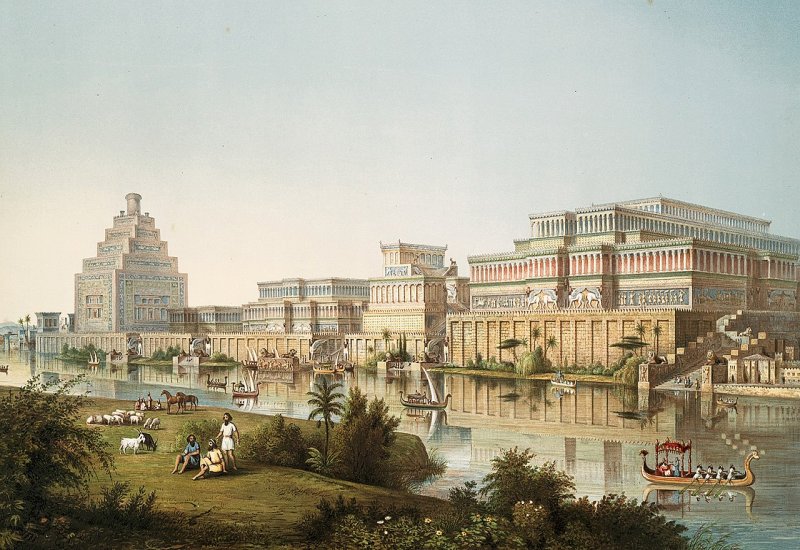 Впечатление художника от ассирийских дворцов из памятников Ниневии сэра Остина Генри Лейарда, 1853 год. 