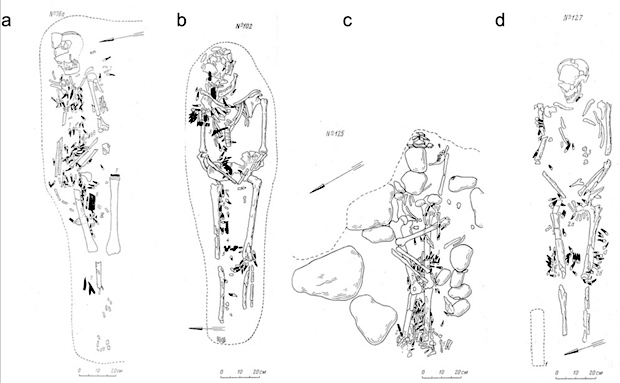 Вы можете увидеть скопление лосиных зубов в каждом из четырех захоронений, показанных на изображении выше. Предоставлено: Rainio et al. / Кембриджский археологический журнал, 2021 г.