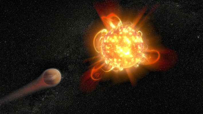 Выбросы газа от молодых красных карликов могут быть причиной того, что планеты на орбите полностью обитаемы. Предоставлено: NASA / ESA / D. Player (STScl).