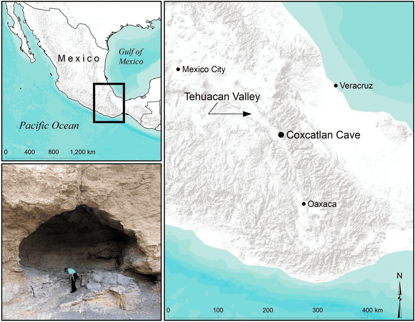 Карта расположения пещеры Кокскатлан ​​в долине Теуакан, а также изображение входа. Предоставлено: Эндрю Сомервилл.