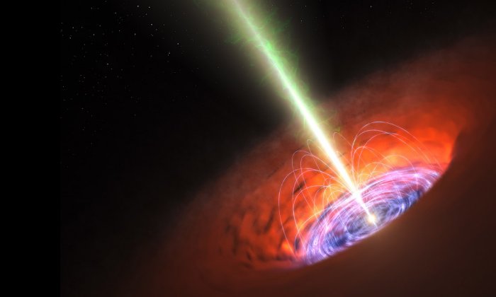 Художественная концепция сверхмассивной черной дыры, окруженной аккреционным диском и испускающей релятивистский джет.