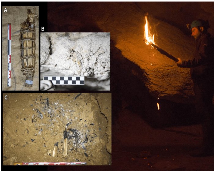 Примеры репликации палеолитического факела. Обратите внимание на следы возгорания, оставленные на стенах пещеры (B), и останки, упавшие от факела на полу пещеры (C). Кредит: PLOS ONE.