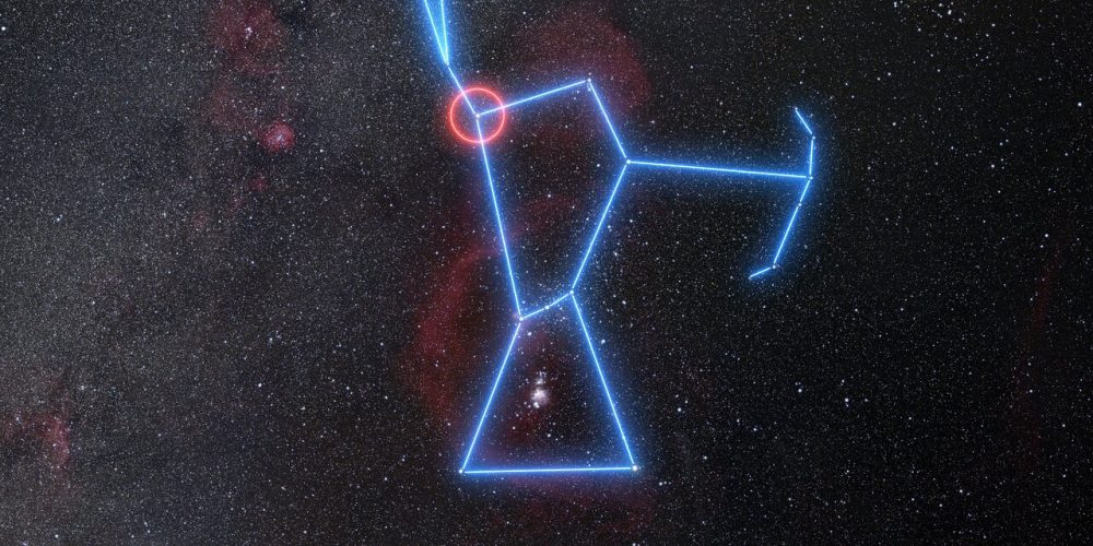 Расположение красного сверхгиганта Бетельгейзе в Орионе. Предоставлено: ESO / N. Райзингер (skysurvey.org)