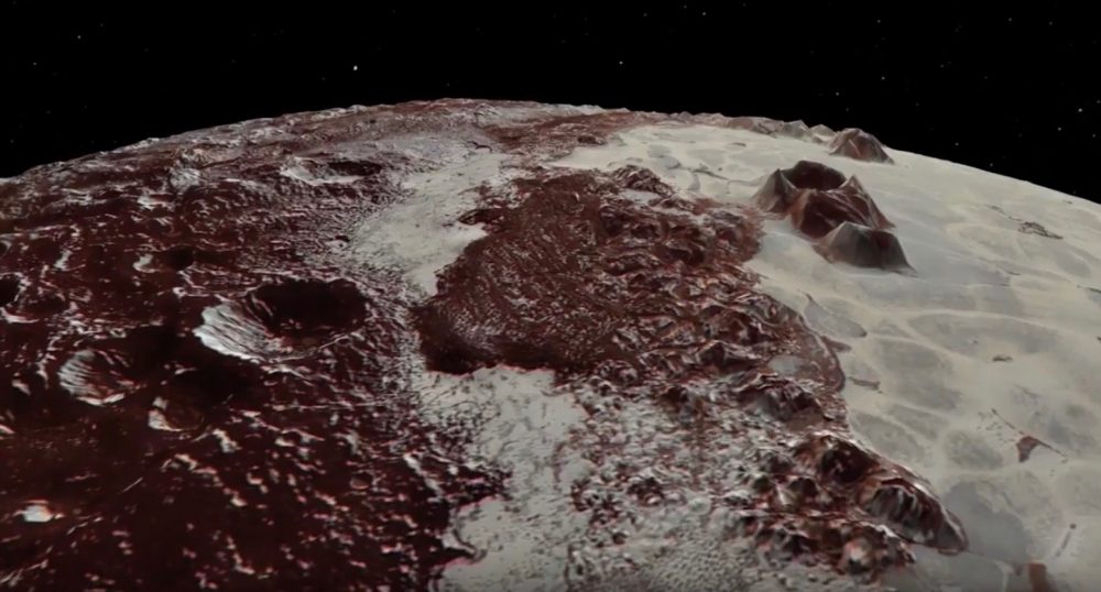 Вид на захватывающую поверхность Плутона, взятый из старого видео НАСА с кадрами из New Horizons. Предоставлено: NASA / JHUAPL / SwRI / Пол Шенк и Джон Блэквелл, Лунный и планетарный институт.