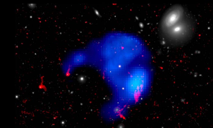 Облако-сирота представляет собой синюю часть этого изображения в форме зонтика, которая имеет цветовую кодировку, чтобы показать рентгеновскую часть облака синим цветом, теплый газ красным цветом и видимую область белым цветом. Изображения любезно предоставлены Европейским космическим агентством / XMM-Newton